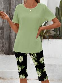 EMERY ROSE 2 piezas Conjunto informal y elegante de mujer con diseño floral y contraste de colores, adecuado para el verano