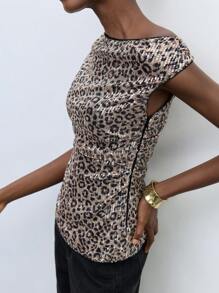 Maija Women Asymmetrical Sleeveless Top, Brown Leopard Print, Sequined Fabric, Suitable For Music Festival, Party, Holiday, Birthday, Minimalist Stylish Sexy Side Slit Fitted Top, Office Summer Going Out Tops Women Club Women Sexy Going Out Tops Women Rave Animal Print Going Out Tops Women Club Women Sexy Party Concert - Brown - View 6