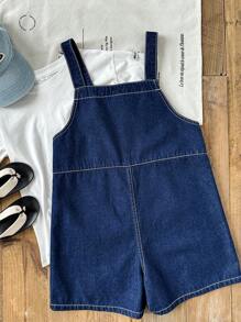 SHEIN Tween Boy Navy Blue Denim Loose Fit Bib Shorts