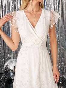 SHEIN Clasi Ruffle Sleeve Waist-Cinched Lace & Mesh Wedding Guest Dress, Elegant & Beautiful,Bohemia - White - View 5