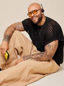 EASEVO Maglione smanicato casual da uomo oversize, a girocollo, in maglia nera, con spalle cadenti, adatto per l'autunno e l'inverno