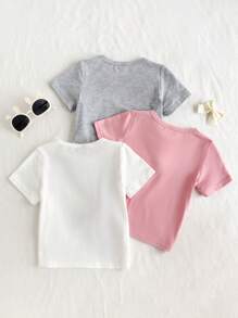 Cozy Pixies Set de 3 blusas de manga corta con cuello de tripulación de punto suave de unicolor para niña bebé, con moño decorativo, camiseta linda - Rosa - Ver 2