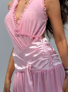 Aloruh Women's Light Pink Summer 70's Party Mini Dress, & Cute Deep V-Neck Ruffled Hem Solid Color Elegant Y2k Clothes For Spring/Summer - Baby Pink - View 10
