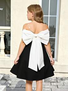 SHEIN Serisse Kids Tween Girls Solid Contrast Off Shoulder Strap Bow Decor Elegant Commute Dress, Fashionable French Style Graceful Dress, Back To School, Suitable For Prom, Birthday Party