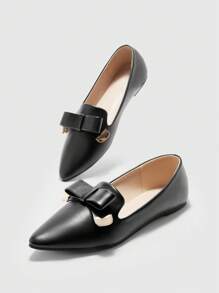 CUCCOO BIZCHIC Women's Pointed Toe Flat Black Bow Metal Buckle Comfortable Elegant Office Work Shoes