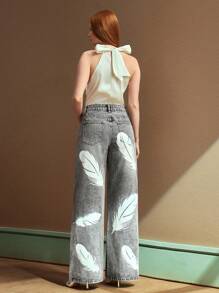 SHEIN BAE Jeans a vita bassa con stampa di piume, gamba dritta e morbida, casual e versatile per tutte le stagioni - Grigio - Visualizzare 2