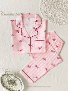 2 件甜美可爱蝴蝶结和条纹印花上衣和长裤套装，休闲舒适的青少年女孩家居服返校时尚 - 彩色 - 查看 4