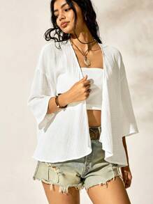 Easelle Summer Nomadic Simple White Coat Tops Cardigan Thin Coat All-Match Summer Outfits Poncho Linen Pants Women 4th Of July Clothes White Summer Tops
