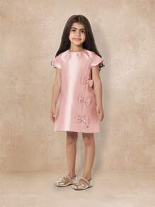 SUMWON 优雅缎面派对礼服，飘袖，侧蝴蝶结细节，特殊场合，婚礼，节日庆典，正式服装 - 粉色 - 查看 3