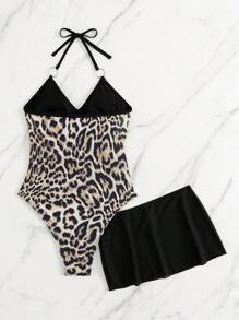 EgrlEra 2 Stücke Set neuer Leoparden-Muster Neckholder Kreuzrücken gebundener Ausschnitt Badeanzug und schwarzer Mini-Rock Strandkleid, für lässigen Urlaub am Strand, Damen - Verschiedenfarbig - Übersicht 7