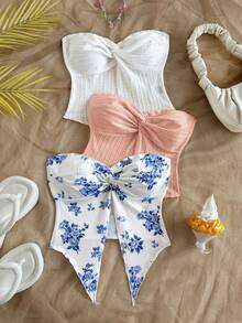 Soleia 女士假期：1 套蓝色花卉印花和纯色抹胸上衣 - 彩色 - 查看 6