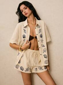 Poéselle Women's Drop Shoulder Short Sleeve Single Button Shell Patterned Shirt & Shorts 2 Pieces Set, Summer - Apricot - View 6