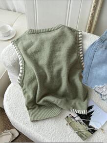 SHEIN LUNE 杏色撞色宽松针织背心，时尚休闲风，适合夏季外出穿着，女士针织衫，休闲款 - 綠色 - 查看 2