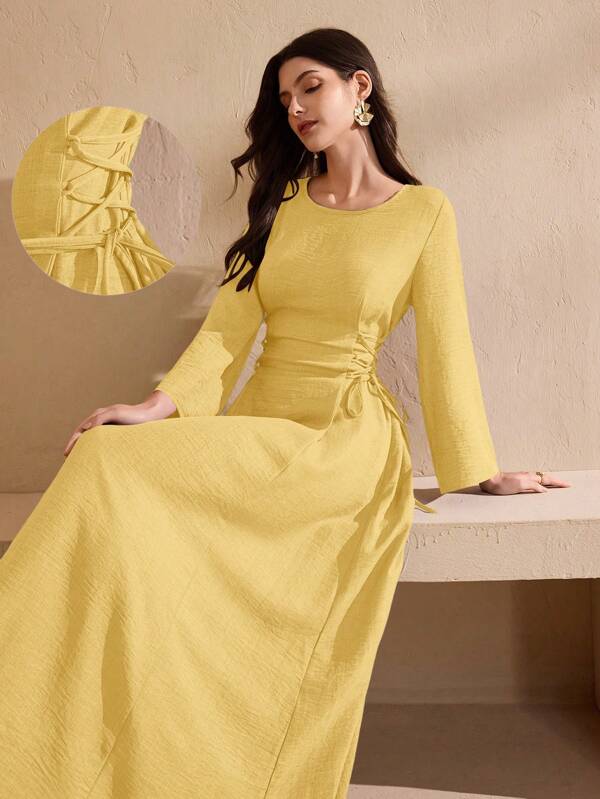 Graceveil Round Neck Solid Color Drawstring Shoulder Gathered Waist Long Sleeve Tie-Waist Dress