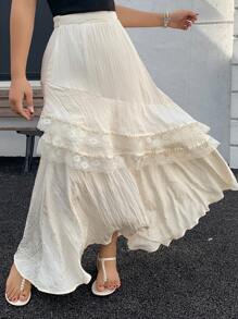 Dazy Plus Falda larga de gasa con volantes y encaje en contraste para mujer de talla grande - Beis - Ver 7