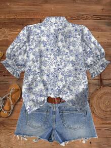 SHEIN LUNE Vintage Style Ditsy Floral Short Sleeve Shirt, Blue & White Branch Pattern, Retro, Aesthetic, Japanese Street Fashion - Multicolor - View 2