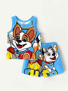 SHEIN 2pcs Puppies, Cartoon, Young Boy Print Casual Short Sleeve Set, Suitable For Spring & Summer