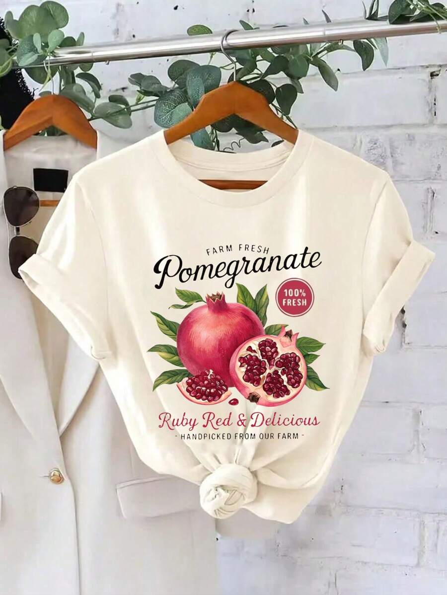 SHEIN Holidaya Áo thun cổ tròn tay ngắn có khẩu hiệu và họa tiết quả lựu, phù hợp cho mùa xuân hè, trang phục nữ - Màu be - Xem 1