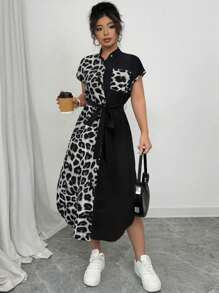 Elenzga Gaun Wanita Ukuran Besar Elegan Motif Leopard dengan Kerah Kemeja, Lengan Raglan, Pita Ikat Sendiri, dan Kancing Kayu, Desain Kasual Serbaguna untuk Klub Musim Semi/Panas - MultiWarna - View 7