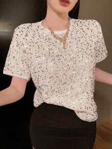 DAZY Camiseta de manga corta casual con cuello redondo y decoración de lentejuelas, para mujer, de corte holgado, nueva para el verano y el Carnaval - Blanco - Ver 5