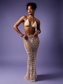 MISSGUIDED Váy Maxi Đi Biển Váy Lưới Móc Lấp Lánh Đính Đá Dài Đồ Đi Biển Sarong Nghỉ Mát Kỳ Nghỉ Lễ Hội Tiệc Bể Bơi - trắng - Xem 5