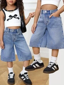 SHEIN 年轻女孩 Y2K 基本款休闲蓝色牛仔 3/4 裤，春夏休闲度假乡村波西米亚风装 - 淺色水洗藍 - 查看 1