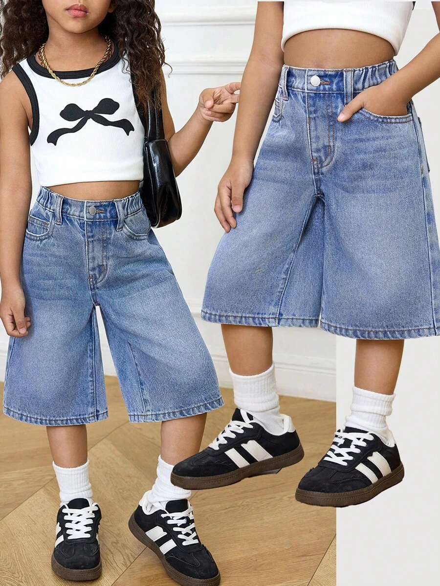 SHEIN 年轻女孩 Y2K 基本款休闲蓝色牛仔 3/4 裤，春夏休闲度假乡村波西米亚风装 - 淺色水洗藍 - 查看 1