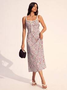 SHEIN Tall Vestido camiseta de verano de mujer con contraste de encaje floral estilo "ditsy" y nudo delantero - Multicolor - Ver 3