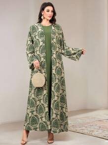 Veilorie Conservative Casual All-Over Print Abaya Dress And Solid Color Extra Long Dress Women's Arabic Set Modest Dresses For Women ,Women Green Dress