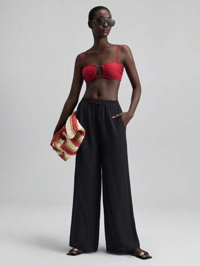 Ontre Women's Beach Dress, Lady's Vacation Outfit, Female Beach Clothing, Vacation Style, Holiday Attire, Women's Swimsuit Set, Burgundy Color, Metal Decor, Thin Strap Design, Swimwear Set, Beach Swimsuit, Holiday Swimsuit, New Arrival 2025, Old Money