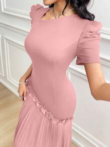 Modelyn Women's Solid Color Asymmetric Neck Short Puff Sleeve Floral Decor Ruffle Hem Elegant Dress