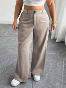 SHEIN Tall 大码女式直筒宽松条纹休闲裤，舒适 - 咖啡棕 - 查看 1