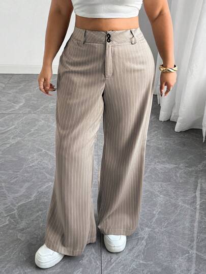 SHEIN Tall Plus Size Women's Straight Loose Striped Casual Pants, Comfortable Fall Cloth For Women