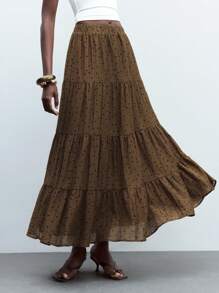 Maija Women's Polka Dot Elastic Waist Casual Boho Flowy Long Skirt, Summer - Khaki - View 5