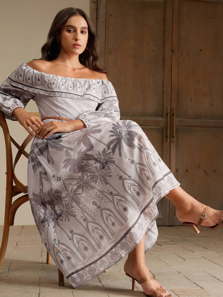 Ladies' Plus Size Spring/Summer One Shoulder Long Sleeved Waist Cinched Vacation Floral Coconut Tree Plus Size Dress With Belt Decoration