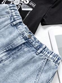 Teen Girls' Casual Denim Shorts, Blue Cargo Shorts With Bowknot Element, Retro Street Style Straight Leg Bermuda Shorts For Summer, Loose Fitting Multi-Pocket Unisex Distressed Shorts - Light Wash - View 3