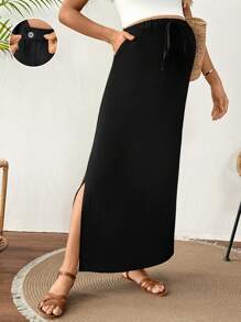 SHEIN Fustă de maternitate casual, culoare solidă, talie înaltă reglabilă, cu crăpături la tiv, linie A, versatilă