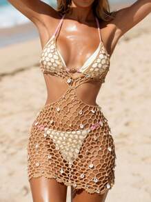 Swim Vcay 女式贝壳仿珍珠金属丝钩编针织罩衫 - 卡其色 - 查看 3