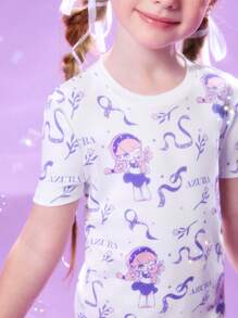 Pop Mart Azura X SHEIN Young Girl Dreamy Purple Cartoon Graphic White Short Sleeve T-Shirt & Shorts Cute Comfortable Pajama Set