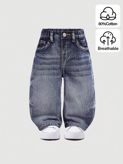 SHEIN Vaqueros azul amplio de bebé niño con efecto desgastado vintage, lavado de piedra y whiskers de gato, ropa interior/exterior de otoño/invierno para bebés niños