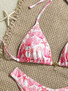 Swim Mod Bộ 2 món/Bộ đồ bơi bikini gợi cảm đi biển mùa hè họa tiết sọc ngẫu nhiên trang trí vỏ sò kim loại hở lưng ba lỗ & quần hở cao - Nhiều màu - Xem 5