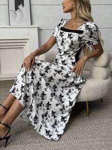 SHEIN LUNE Women's Square Collar Butterfly Print Dress