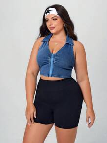 SHEIN Essnce Plus Size Women Summer Elastic Casual Denim Jacket - Blue - View 3