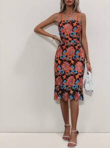 Chiquease 优雅蕾丝修身吊带裙，夏季 - 橘色 - 查看 4