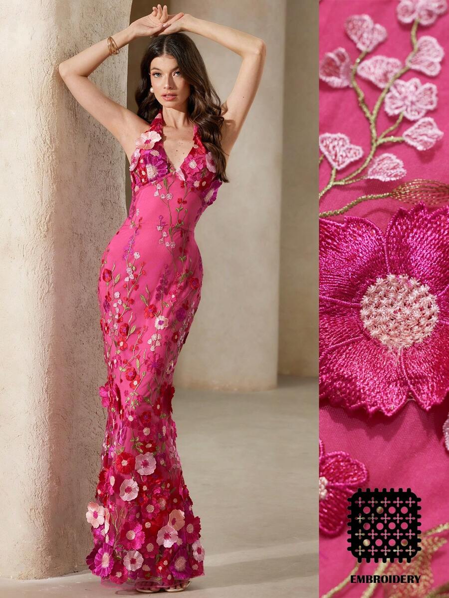 Aveloria Rosie 优雅浪漫性感提花网眼花卉 3D 装饰深 V 露背系带修身鱼尾长裙女 - 玫紅色 - 查看 1