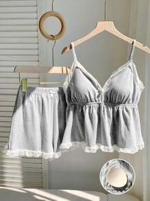 Comfortcana 大码女式两件套针织加厚吊带背心和蕾丝边短裤套装，夏季