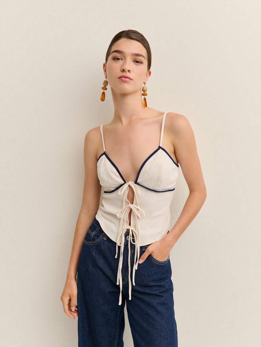 Nöista Cute Top For Women, Contrast Detail Tie On Front Closure Holiday European Summer Style Tank Top - White - View 1