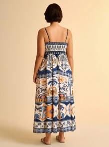 CAJUNI 女式波西米亚豹纹、棕榈树、龟背竹、热带花卉印花 V 领无袖长裙，大码休闲海滩度假连衣裙