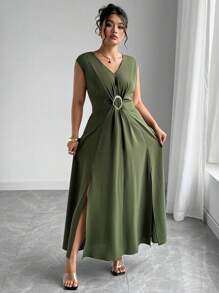 Elenzga Plus Size Women's Elegant Vacation Casual Waisted Ruched Metallic Decor Drop-Shoulder Slit Maxi Dress, Spring/Summer - Army Green - View 3