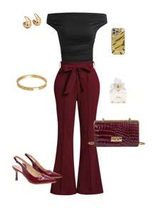 Ellevyn Women's Solid Color Twist Toothpick Design Flared Elegant Pants - Burgundy - View 1